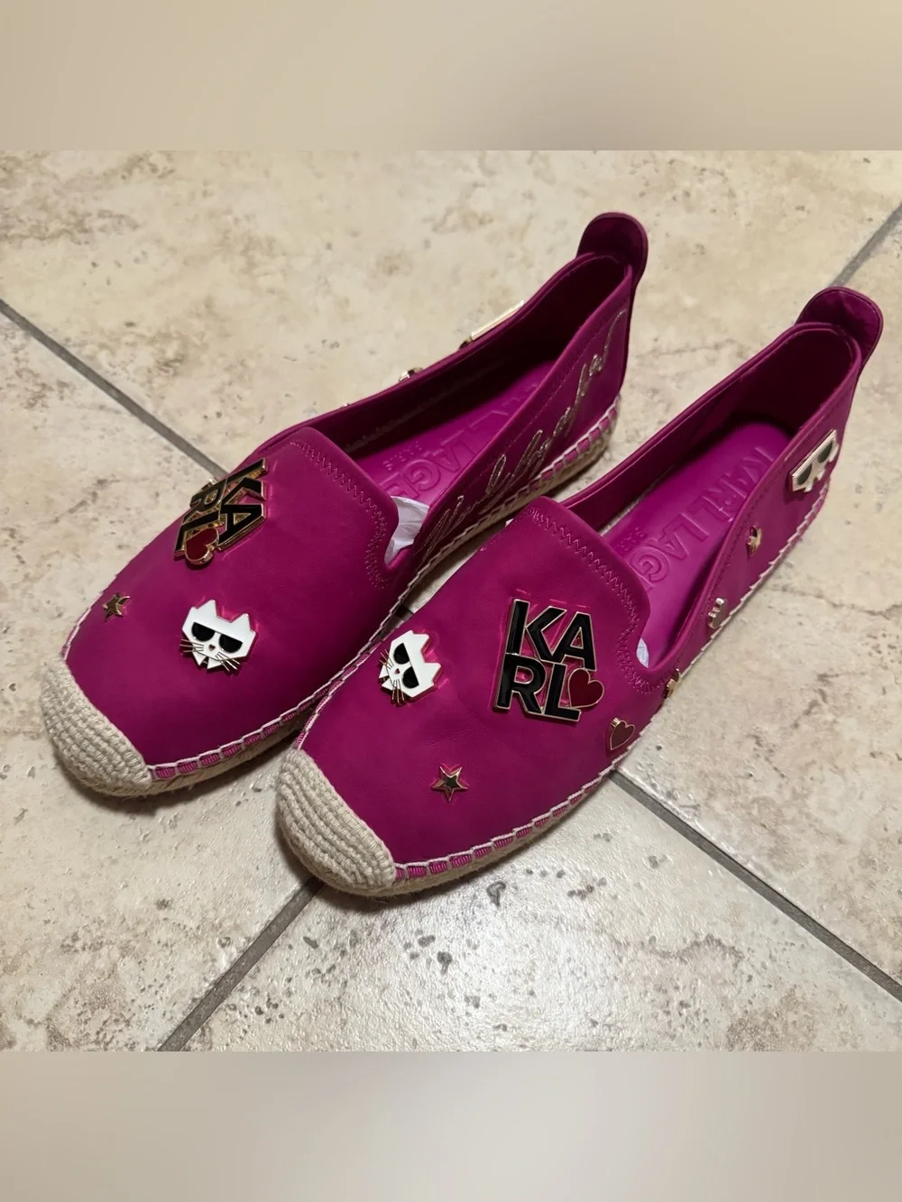 Karl Lagerfeld Fuchsia Slip-On Espadrilles with Enamel Charms
